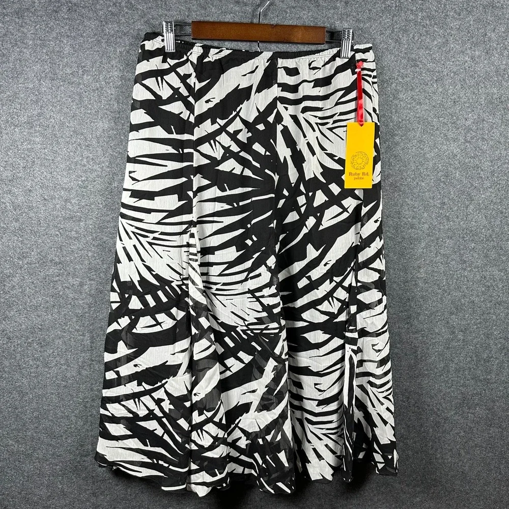Ruby Rd Petite Black White Palm Leaf Print Midi Skirt 12P NWT Chiffon 32721